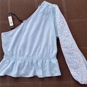 Nordstrom Powder Blue One-Shoulder Peplum Top with Embroidered Sleeve🩵